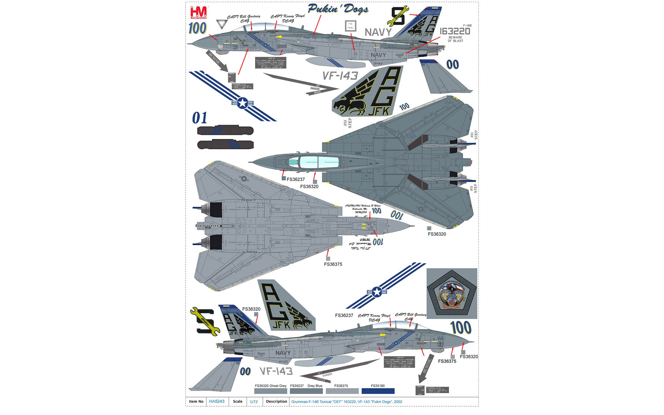 thumbnail image 2 of MILSPEC Decals MS 72-009 – 1/72 Scale F-14B VF-143 "Pukin' Dogs" Waterslide Decal Set (Made In USA) 2 of 2