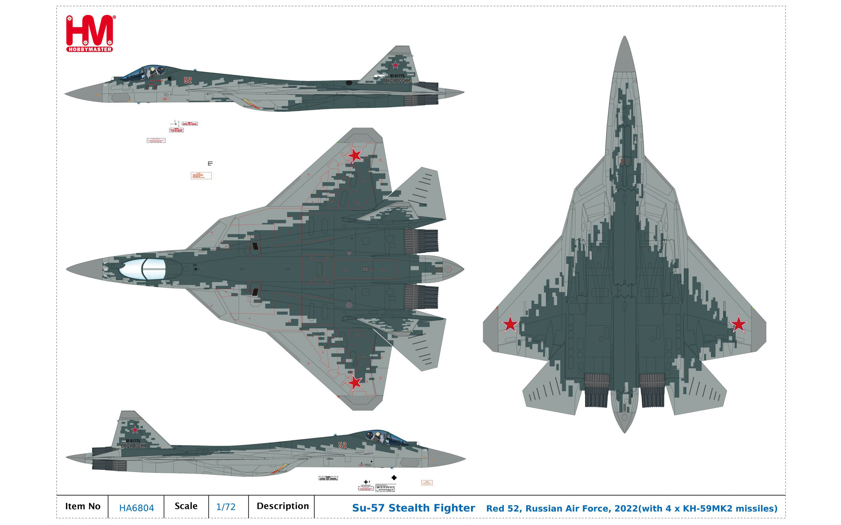 Su-57 Stealth Fighter Red 52, Russian Air Force, 2022 (with 4 x KH