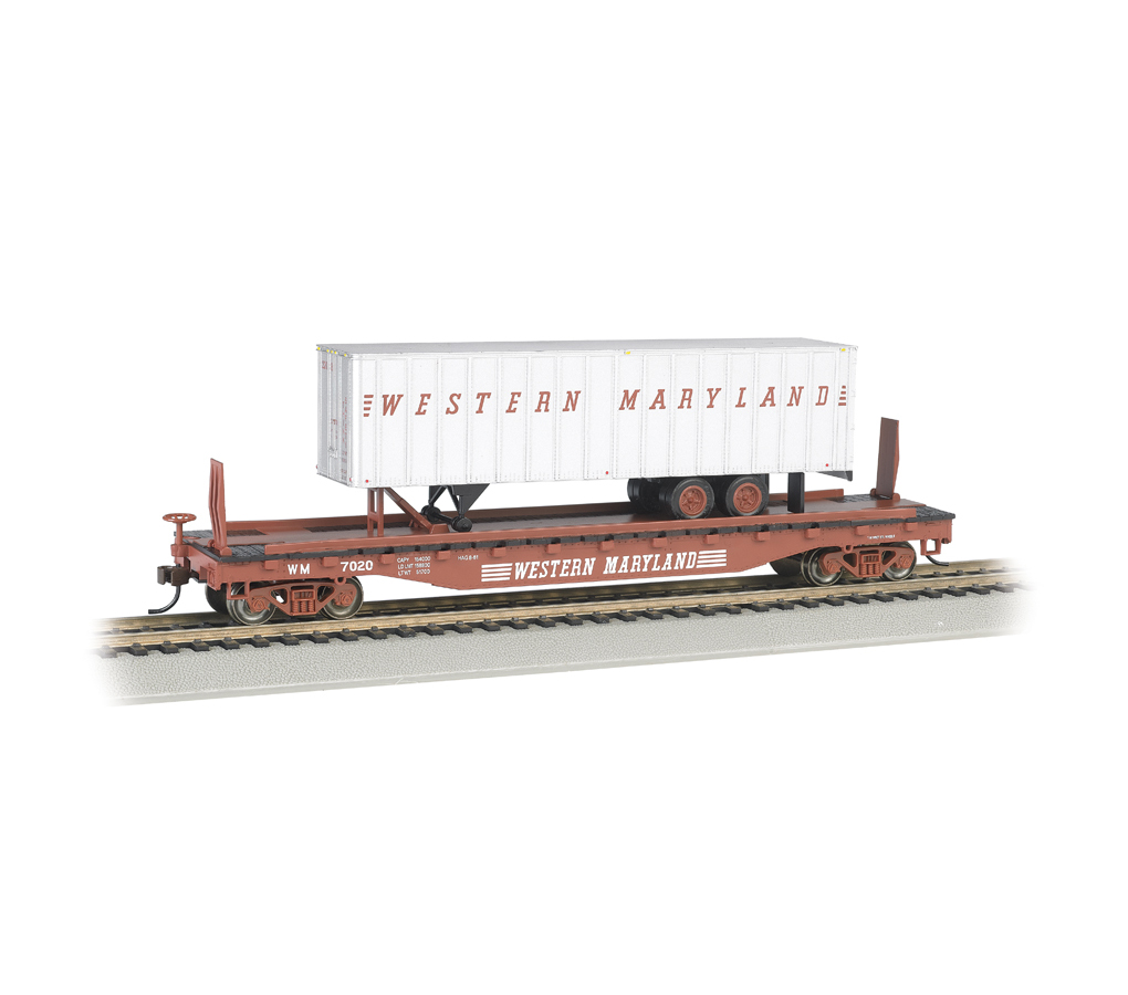 Western Maryland 52 ft Flat Car w/WM 35 ft Trailer HO Scale